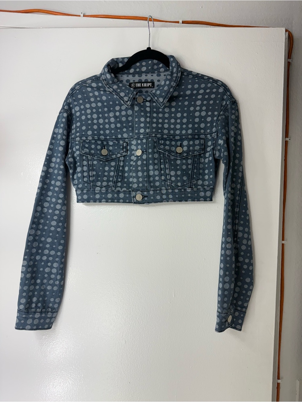 The Kript Polka Dot Cropped Denim Jacket - Blue